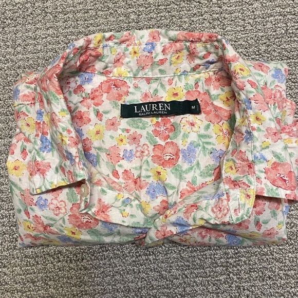 Lauren Ralph Lauren Shirt Womens M Button Down Floral EmbroideredLogo 3/4 Sleeve - Picture 10 of 10